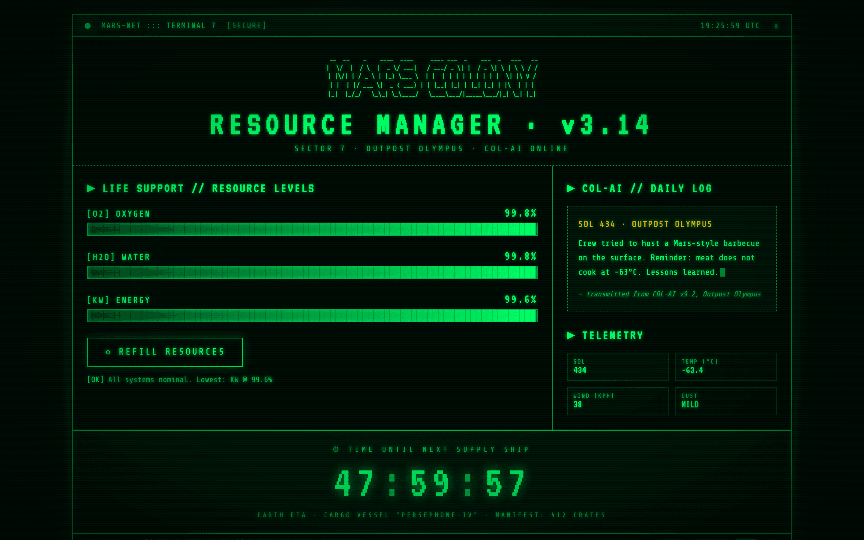 Mars Colony Resource Manager - live desktop screenshot
